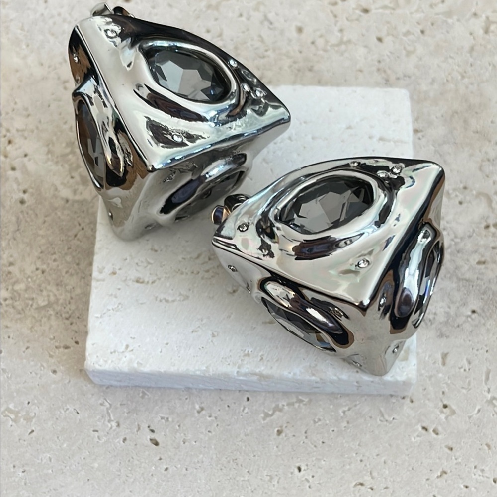 Alexis Bittar Silver Geometric Earrings Black Crystal Statement Modern Sculptura